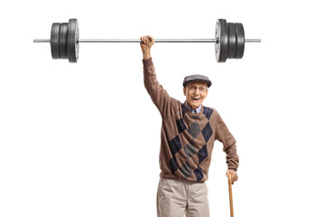 Strong cheerful senior lifting a barbell