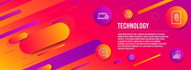 Header banner. Pyramid chart, Attachment and Notebook service icons simple set. Customisation, Call center and Search signs. Report analysis, Attach document. Technology set. Line pyramid chart icon