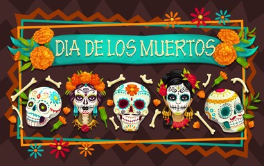 Day of the Dead mexican holiday skulls, skeletons