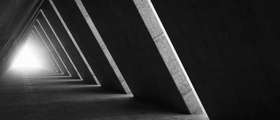 Empty Long Light Corridor. Modern concrete background. Futuristic Sci-Fi Triangle Tunnel. 3D Rendering