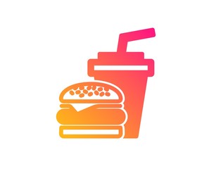 Hamburger with drink icon. Fast food restaurant sign. Hamburger or cheeseburger symbol. Classic flat style. Gradient hamburger icon. Vector