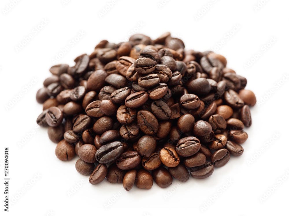 Poster Coffee  beans isolated on white background with copyspace for text. Coffee background or texture concept.
