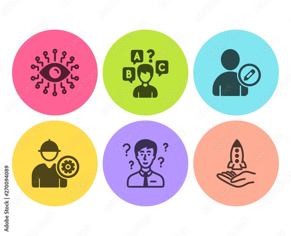 Poster engineer, edit user and artificial intelligence icons simple set. support consultant, quiz test and 