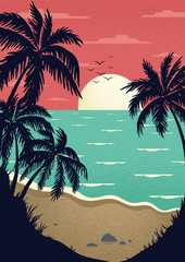 Vintage tropical  landscape with  palm trees. Seascape with tropical plants. Tourism and travelling. Vector flat design