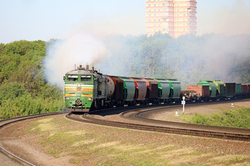 diesel locomotive with freight train