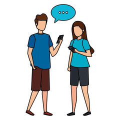 Obraz premium young couple using smartphone with speech bubble