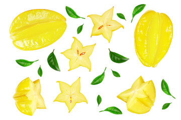 Carambola or star-fruit with leaf isolated on white background. Top view. Flat lay