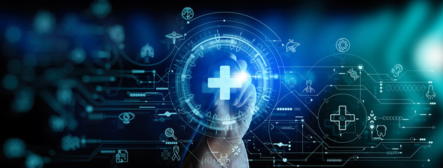 Doctor hand with stethoscope and Ui icon medical in hospital with medical technology network concept.