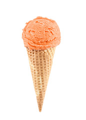 Peach ice cream scoop with cone isolated on white background