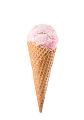 Cherry ice cream scoops with cone isolated on white background