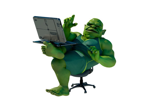 Fat internet troll using a laptop render 3d