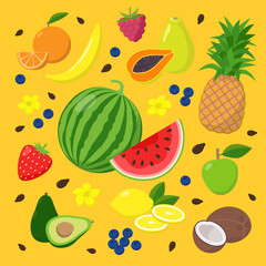 Summer fruits and berries set of vector illustrations isolated on yellow background in flat design. Summertime concept illustration with watermelon, avocado, papaya, coconut, banana, pineapple, lemon.