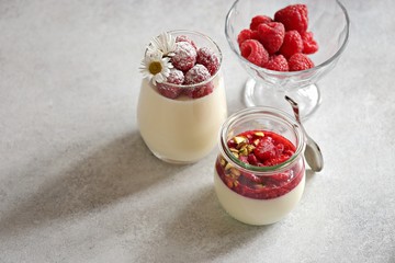 Creamy panna cotta with fresh raspberry