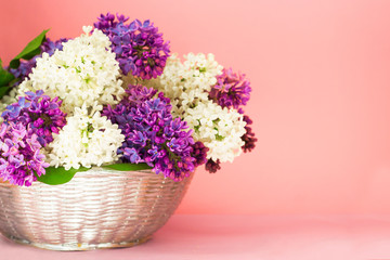 Lilac flowers bunch in a basket on blurred coral pink backgrond. Beautful fragrant Lilac Flowers bouquet with Copy space