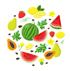 Set of summer fruits in flat design, vector illustration isolated on white background. Watermelon, papaya, lemon, strawberry. Summertime concept illustration.