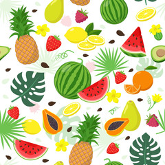 Summer fruits set and tropical leaves seamless pattern isolated on white background. Summertime concept illustration.