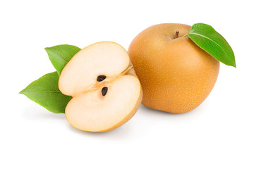 Fresh asian pear with leaf isolated on white background