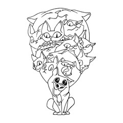dog with cats, sketch of handwork.