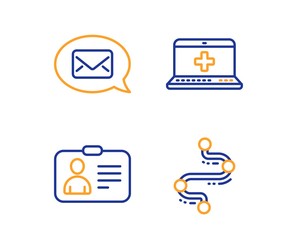 Messenger, Id card and Medical help icons simple set. Timeline sign. New message, Human document, Medicine laptop. Journey path. Technology set. Linear messenger icon. Colorful design set. Vector