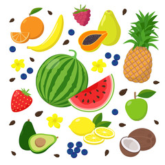 Summer fruits and berries set of vector illustrations isolated on white background in flat design. Summertime concept illustration.