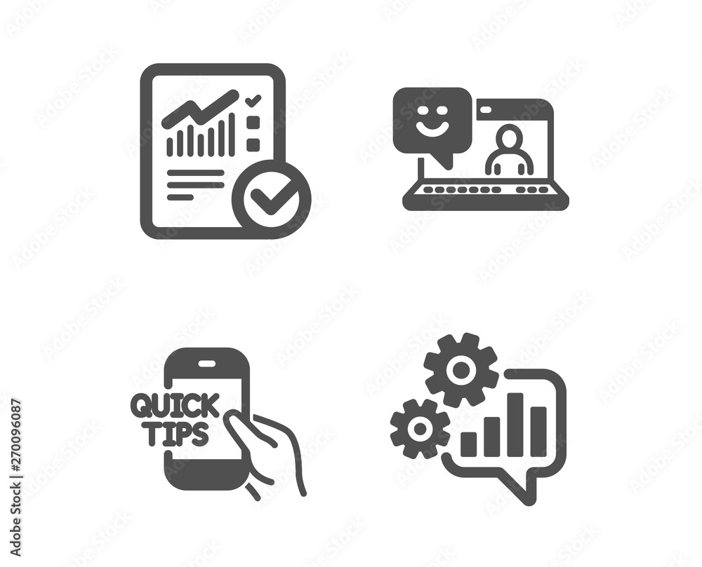 Poster set of checked calculation, education and smile icons. cogwheel sign. statistical data, quick tips, 