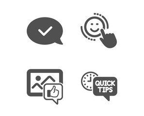 Set of Like photo, Approved message and Smile icons. Quick tips sign. Thumbs up, Accepted chat, Positive feedback. Helpful tricks.  Classic design like photo icon. Flat design. Vector