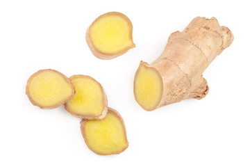 fresh Ginger root and slice isolated on white background. Top view. Flat lay