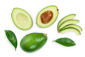avocado and slices decorated with green leaves isolated on white background. Top view. Flat lay
