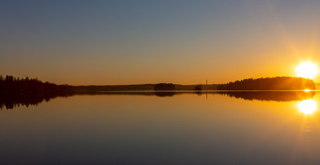 Panoramic shot of reflection water during golden hour.