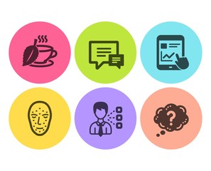 Third party, Internet report and Comment icons simple set. Mint tea, Face biometrics and Question mark signs. Team leader, Web tutorial. Flat third party icon. Circle button. Vector