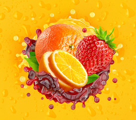 Orange strawberry fruit juices mix liquid swirls splashes. Healthy fruits juice splashing together - orange, strawberry juice in two wave swirls form. Liquid drink label design. 3D