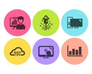 Touch screen, Computer and Presentation board icons simple set. Fireworks, Quick tips and Report diagram signs. Web support, Pc component. Science set. Flat touch screen icon. Circle button. Vector