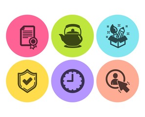 Confirmed, Certificate and Creativity icons simple set. Time, Teapot and User signs. Accepted message, Diploma. Business set. Flat confirmed icon. Circle button. Vector