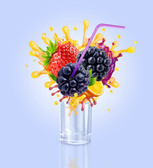 Sweet tasty fresh ripe strawberry, orange,  blackberry juice blend mix splash swirl with juicy strawberry, blackberry. Healthy berry juice smoothie splashing with forest fruits isolated. 3D