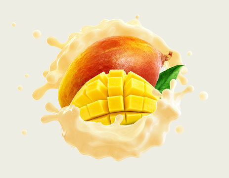 Delicious Fresh Fruit Yogurt Or Cream Splash Wave With Ripe Mango And Juicy Mango Slices.  Label, Banner Advertising Element With Greek Yogurt, Smoothie, Sour Cream, Milk, Mango. 3D