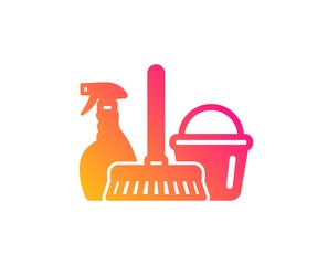 Cleaning service icon. Spray, bucket and mop symbol. Housekeeping equipment sign. Classic flat style. Gradient household service icon. Vector