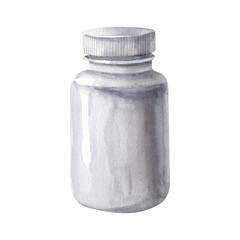 Watercolor illustration with empty pill bottle isolated on white background.
