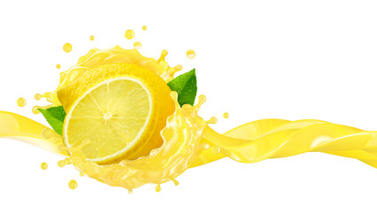 Fresh ripe lemon fruit, lemon slice and lemon juice or diet lemonade splash wave. Juice splashing, lemon juice label. Liquid healthy detox drink tropical citrus fruit design element. 3D