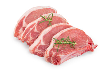 sliced raw pork meat with rosemary isolated on white background