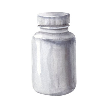 Watercolor Illustration With Empty Pill Bottle Isolated On White Background.