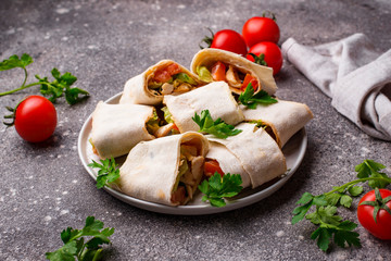 Lavash rolls with chicken and vegetables