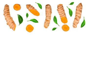 Turmeric root and slice isolated on white background with copy space for your text. Top view. Flat lay