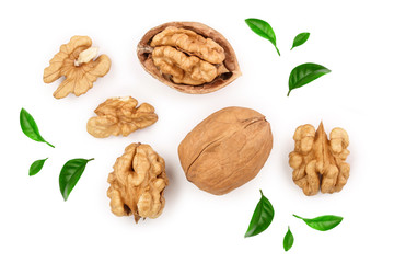 Walnuts with leaf isolated on white background. Top view. Flat lay