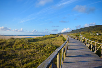 Paisaje pasarela de madera en medio del campo y de unos humedales entre el mar y las montañas.