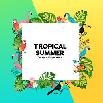 Summer tropical border design with palm leaves, jungle birds and flowers. Vector illustration