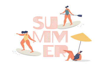 Outdoor activities in the summer at sea. Cute girls in swimsuits ride surfing, sup-surfing and sunbathe on the beach. Leisure time outdoors. Vector illustration in trendy flat style.