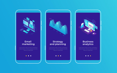 Set of onboarding screens for mobile apps. Banners with monitors screen and graph demonstrating email marketing, business planning and analytics. Mobile UI UX app interface template.