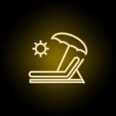 sunbed, umbrella icon in neon style. Element of travel illustration. Signs and symbols can be used for web, logo, mobile app, UI, UX