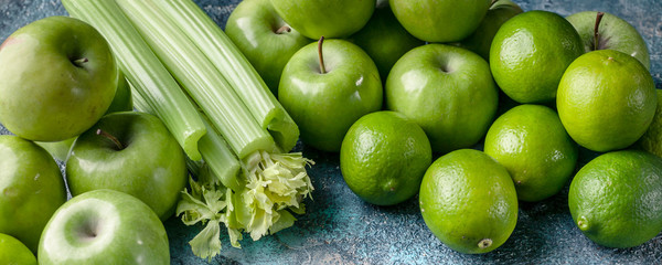Food banner. Detox program, diet plan, weight loss. Flat lay composition. Green apples, celery and limes
