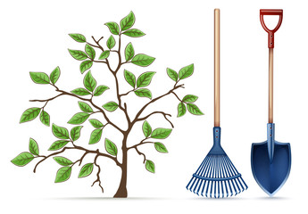 Gardening equipment tools for springtime working. Shovel, rake and spring tree with green leaves on branches, Isolated on white background. Eps10 vector illustration. - obrazy, fototapety, plakaty